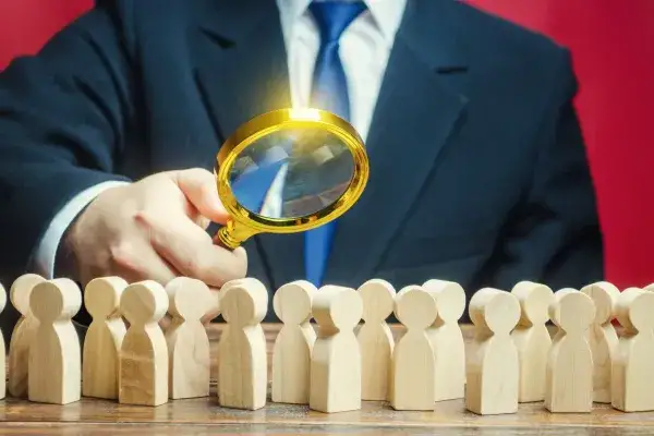 Man with blue tie with magnifying glass looking at wooden figures 