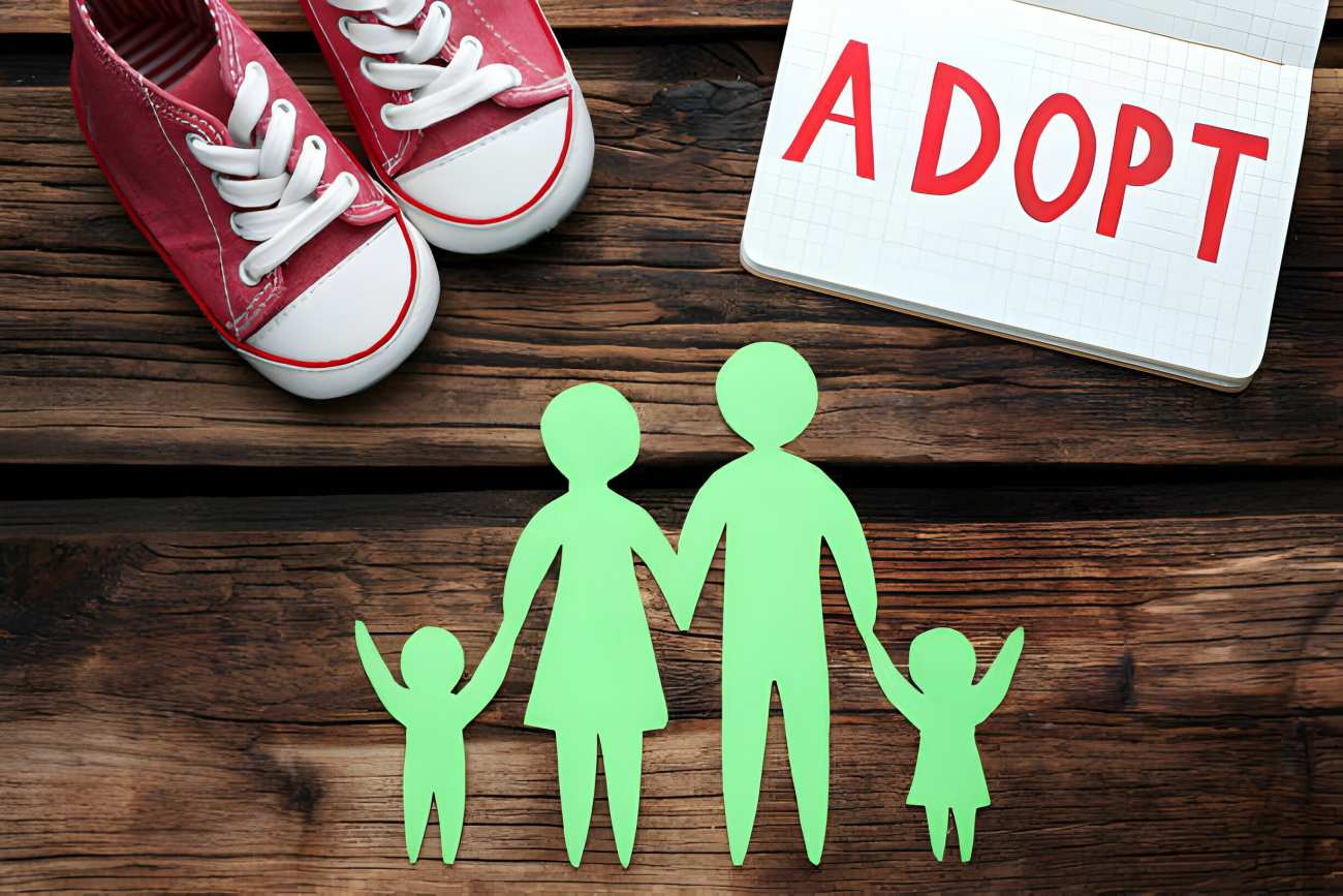 Family of four green faceless figure cutout with a pair of child tennis shoes and notebook with word "Adopt." on wooden table