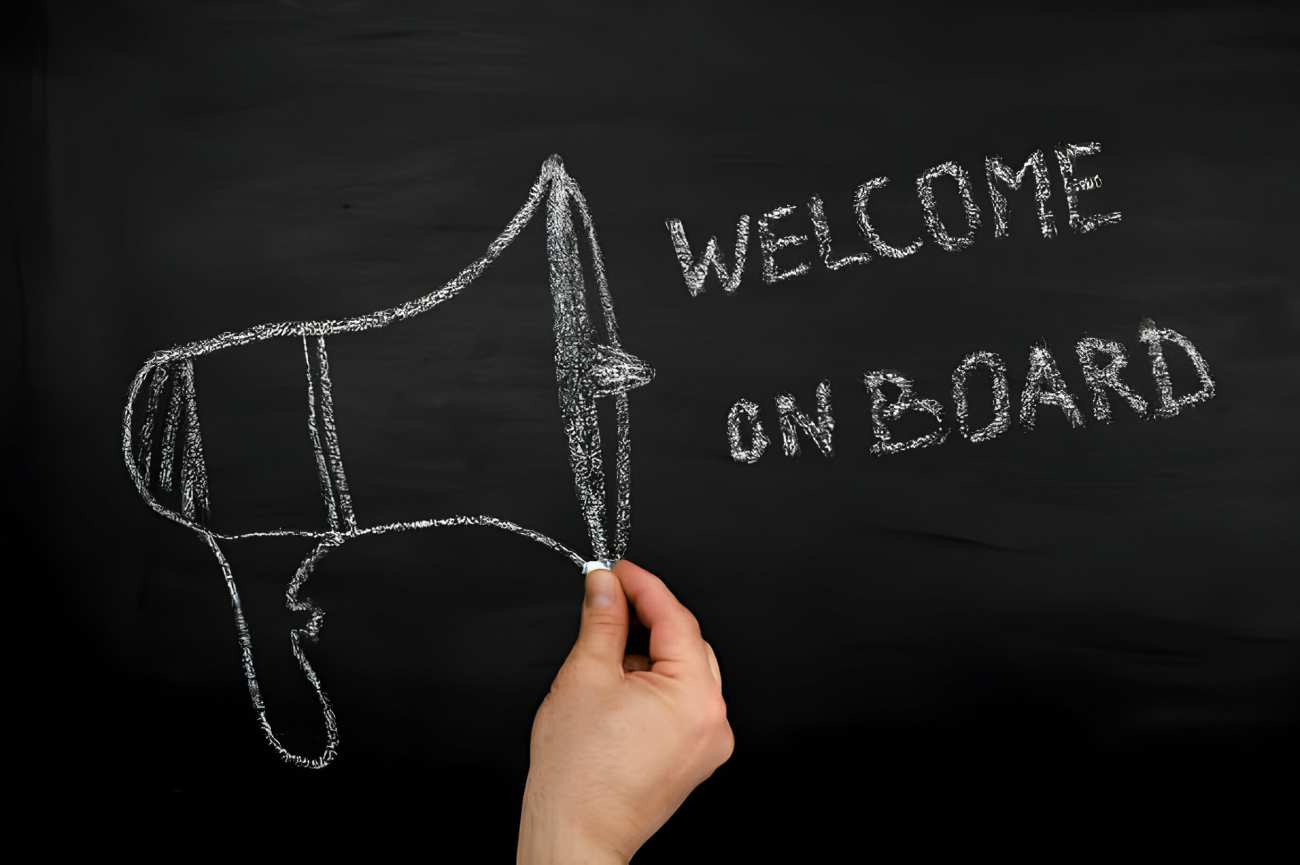 Welcome on board drawing on a chalkboard